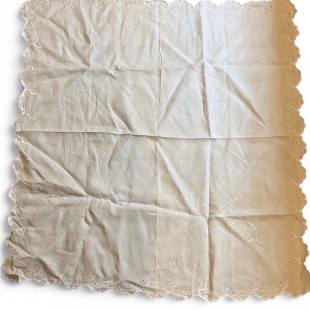 Vintage Embroidered Linen Table Topper Scalloped Edge Monogram White 40x37.5